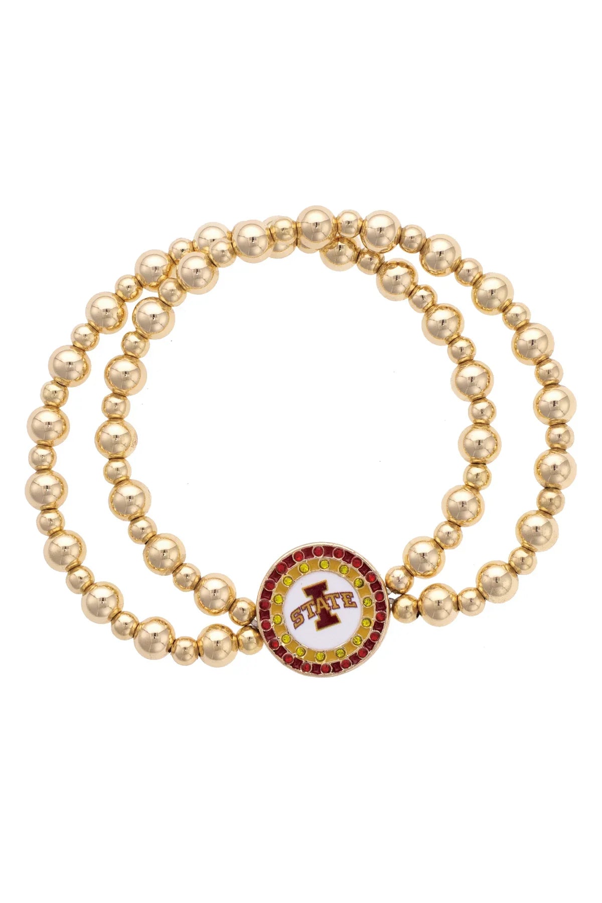 Iowa State Cyclones Pave Disc 2-Row Ball Bead Stretch Bracelet in Shiny Gold