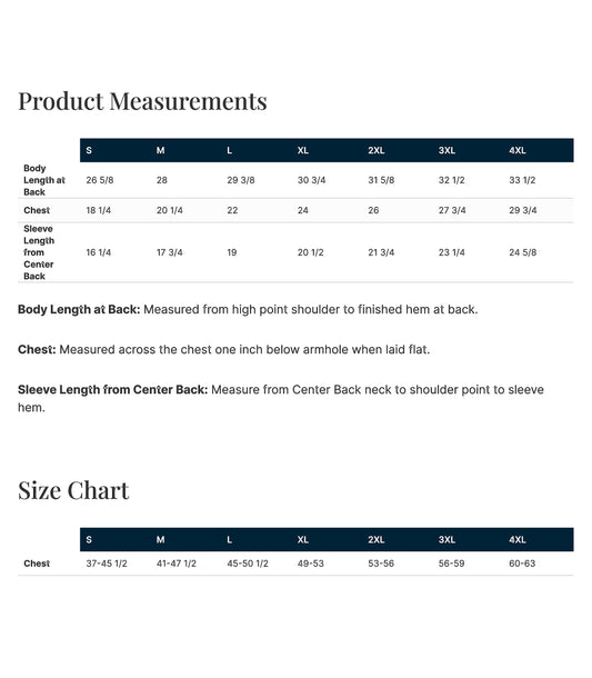 Product measurements chart for sizing guide on a white background