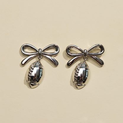 Silver Football & Bow Drop Studs