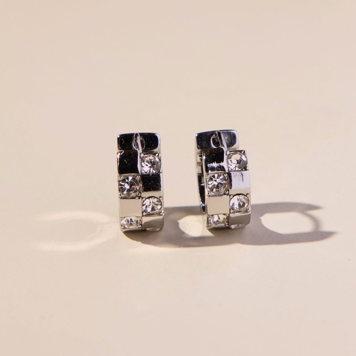 Silver Pavé Checkered Huggies